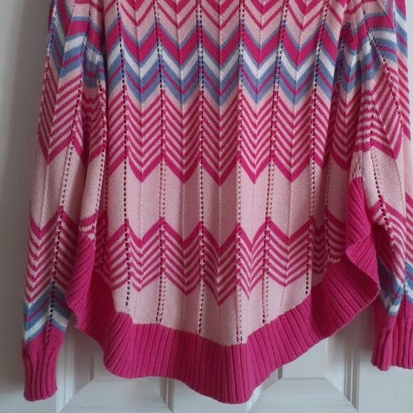 Burgess V-Neck Pom CottnSilk Blend Pink Blue Chevron Knit Poncho Sweater NWT $70 - Picture 12 of 16